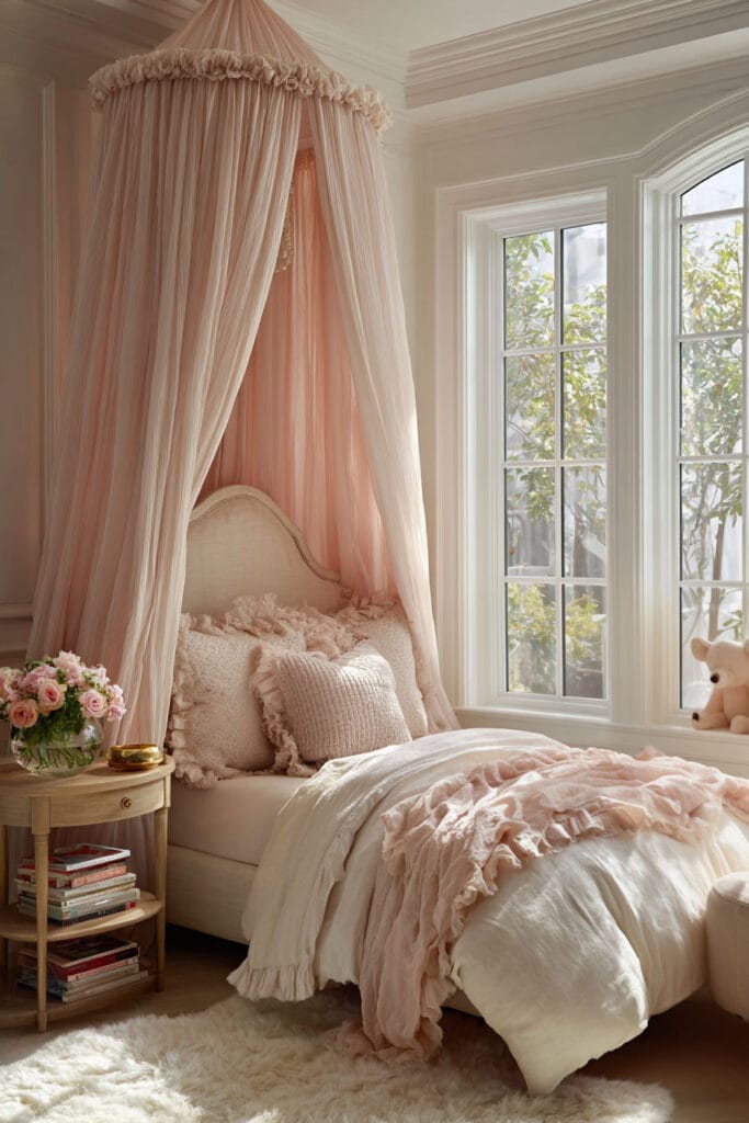 Princess-inspired little girls bedroom with blush canopy bed, ruffled pillows, soft bedding, and natural light from tall windows.