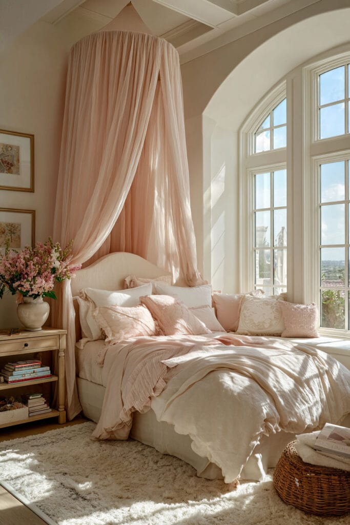Princess-inspired little girl’s bedroom with blush canopy bed, soft pink bedding, floral decor, and large arched windows with natural sunlight.