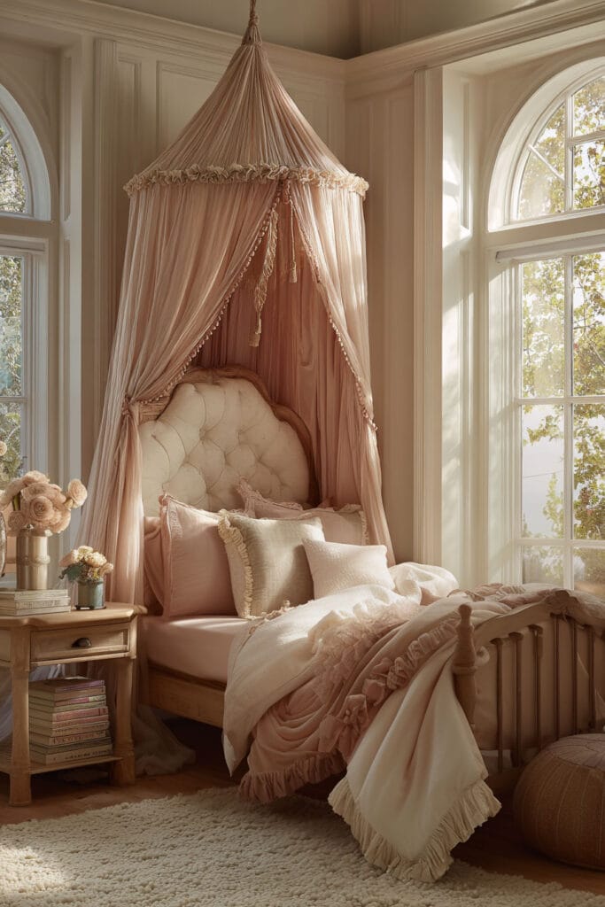 Princess-inspired little girls bedroom with blush canopy bed, tufted headboard, ruffled bedding, vintage wood bed frame, and soft natural sunlight.