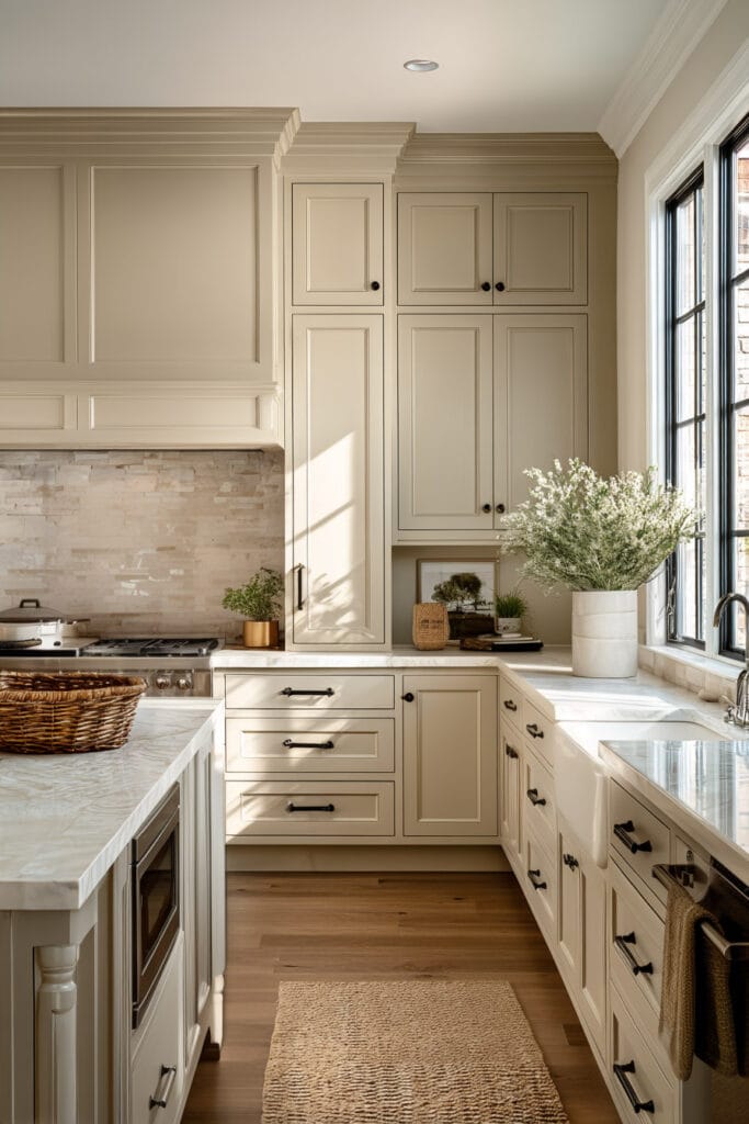 earthy neutral kitchen with cream cabinets, marble countertops, warm wood floors, and bright natural light traditional kitchen design