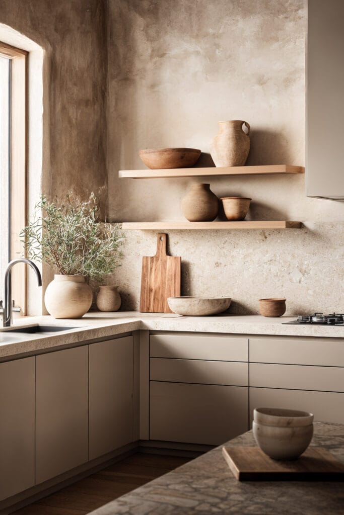 earthy neutral kitchen with taupe cabinets, natural stone countertops, and traditional kitchen design with warm tones and brass hardware