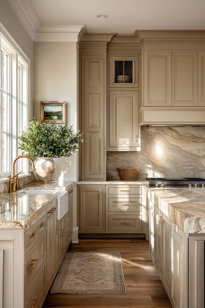earthy neutral kitchen with beige cabinets, plaster walls, open shelving, and organic modern kitchen design with warm tones