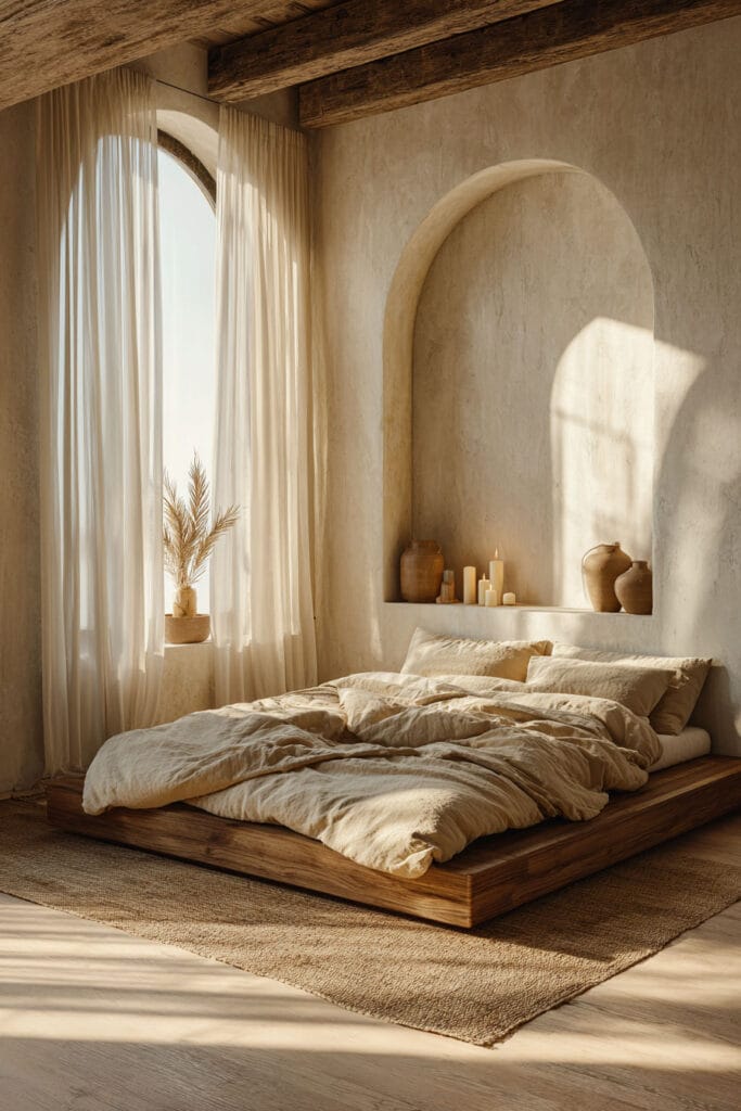 Japandi bedroom with arched wall niche, low wood platform bed, neutral linen bedding, and soft natural light
