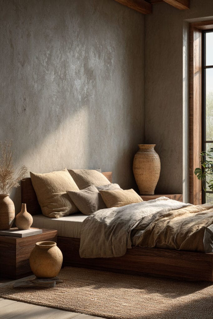Japandi bedroom with dark wood platform bed, warm neutral bedding, textured wall, ceramic vases, and soft natural sunlight