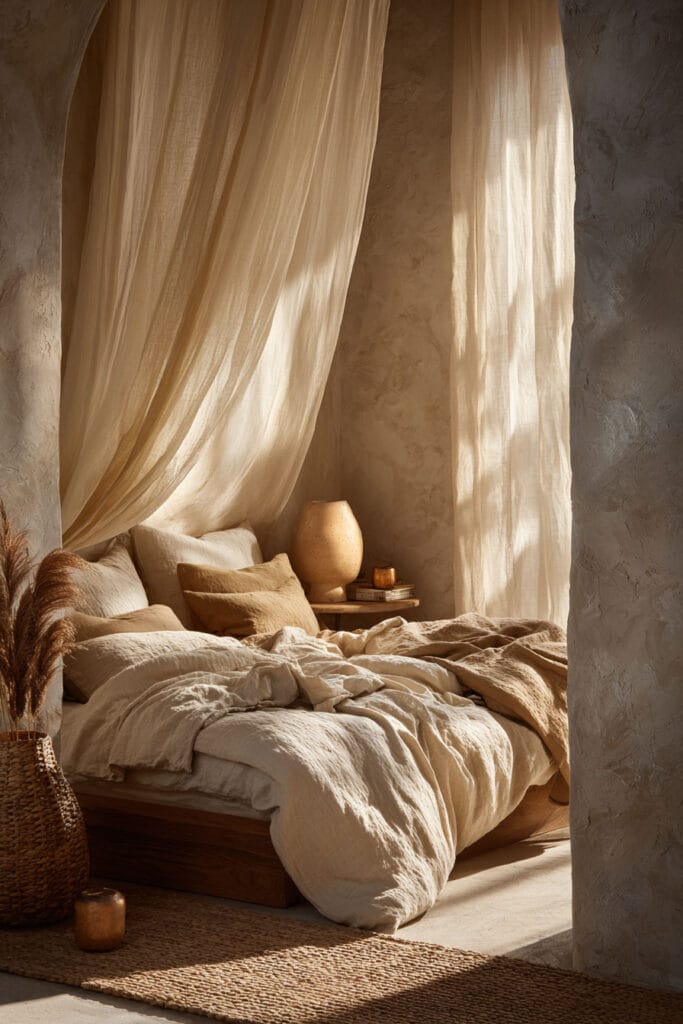 Japandi bedroom with low wood bed, layered linen bedding, soft canopy curtains, textured plaster walls, and warm natural sunlight