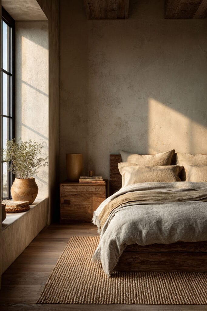 Japandi bedroom with warm neutral linen bedding, wood bed frame, natural light from window, woven rug, and minimal decor