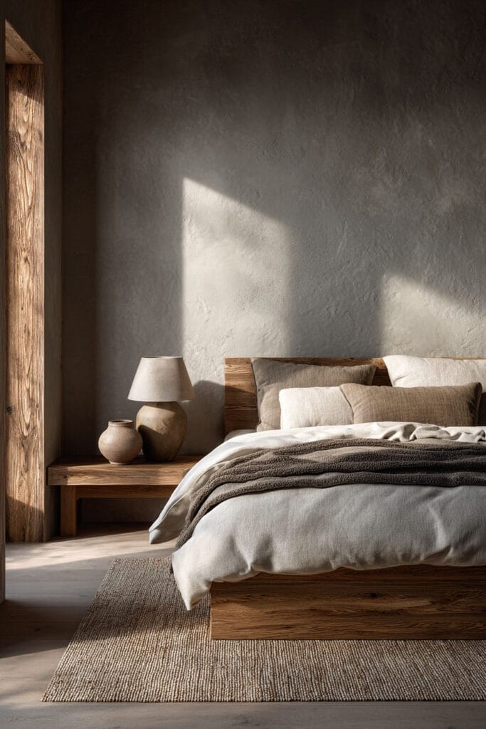 Minimal Japandi bedroom with wooden platform bed, neutral bedding, textured plaster wall, and soft natural light