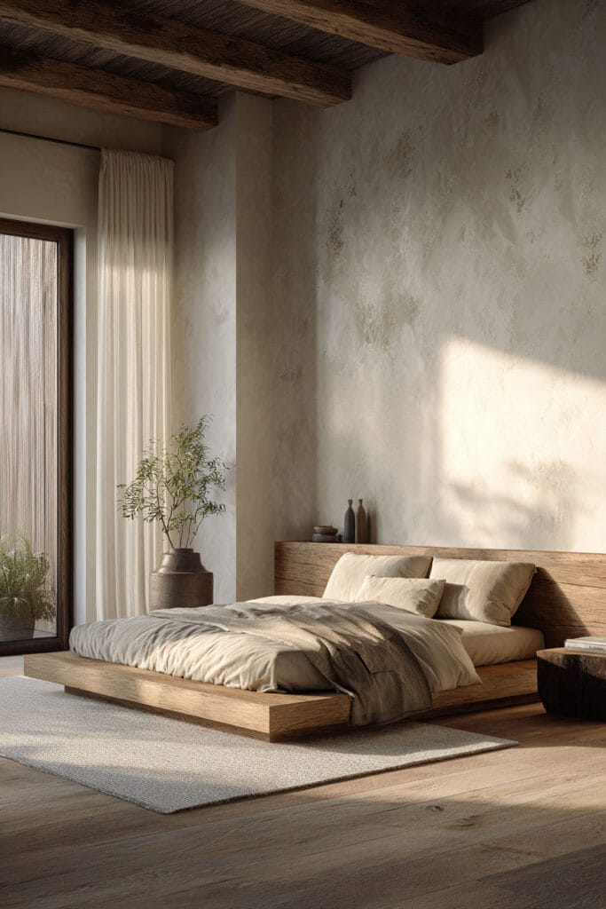Organic modern bedroom with low wood platform bed, plaster walls, wood ceiling beams, and warm neutral bedding.