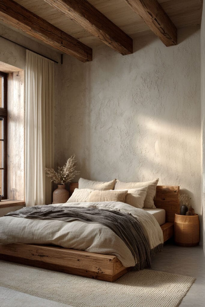 Organic modern bedroom with exposed wood beams, textured plaster wall, natural wood bed frame, and warm neutral bedding