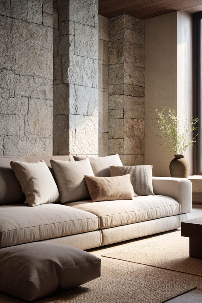 Organic modern living room with textured stone wall, neutral linen sofa, soft natural light, and earthy decor accents.