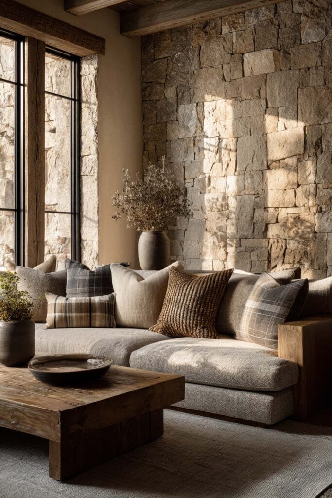 Organic modern living room with stone accent wall, linen sofa with textured pillows, wood coffee table, and warm natural sunlight.