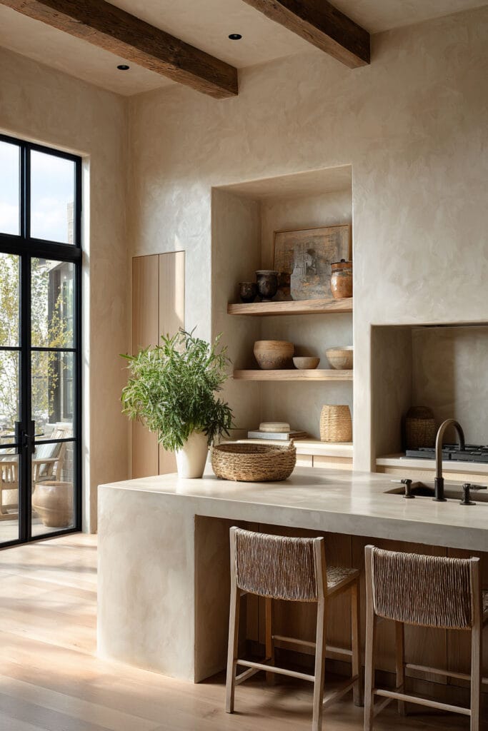 Kitchen with plaster walls, limewash texture, open shelving, wood accents, and natural light in an organic modern kitchen design