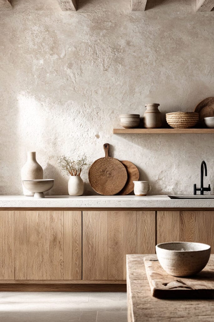 plaster wall kitchen with light wood cabinets, open shelving, and neutral decor in an organic modern kitchen design