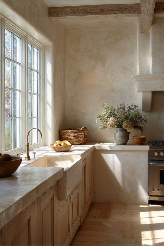 plaster wall kitchen with warm wood cabinets stone countertops and natural light in organic modern kitchen design