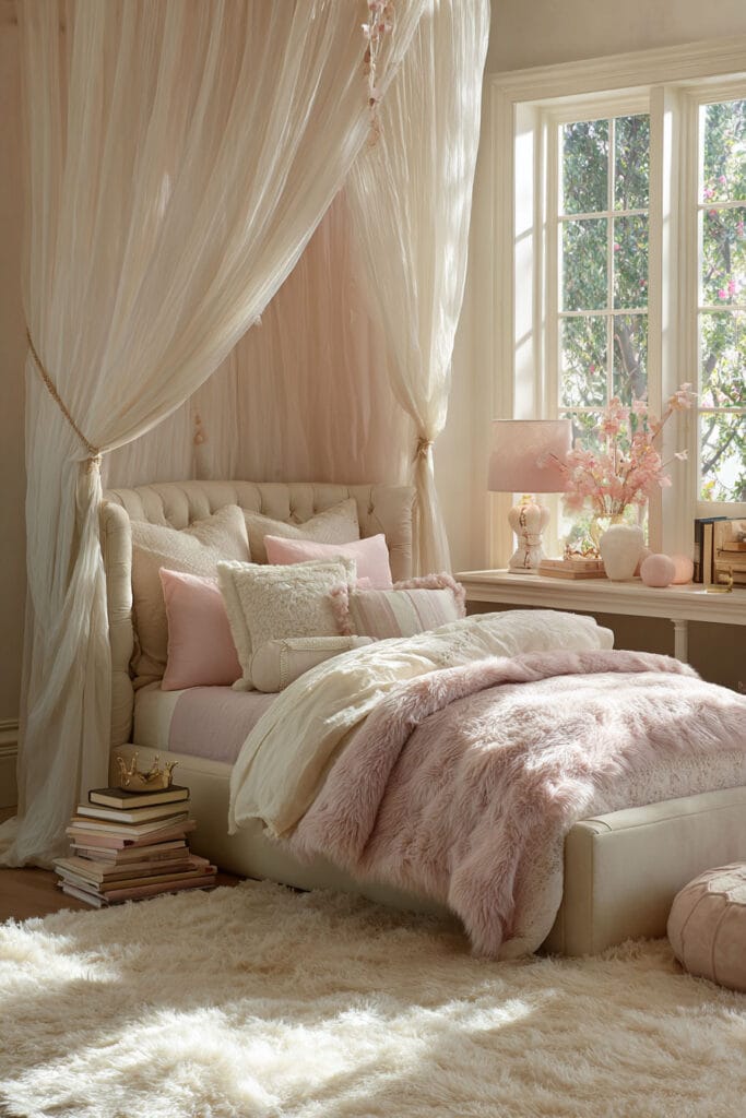 Princess-inspired little girls bedroom with blush bedding, canopy drapes, tufted bed, pink faux fur throw, and soft natural window light.