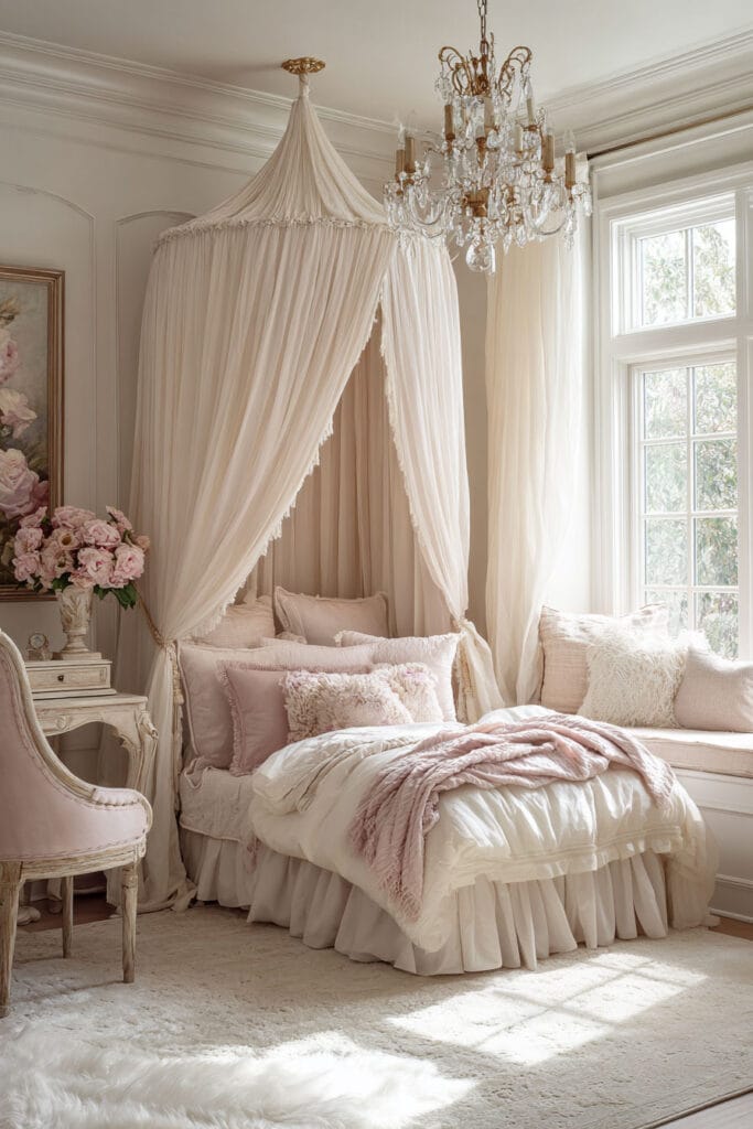 Princess-style little girls bedroom with blush canopy bed, crystal chandelier, vintage furniture, and soft pink bedding.