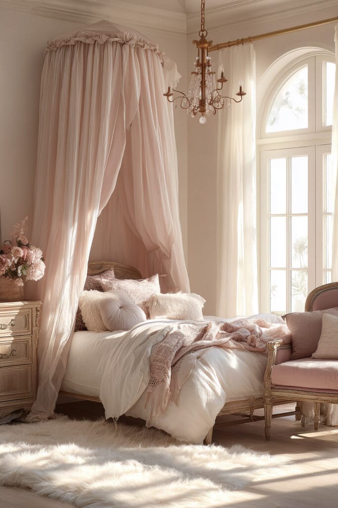 Romantic princess-inspired little girl’s bedroom with blush canopy bed, vintage chandelier, soft pink bedding, and warm sunlight from arched windows.