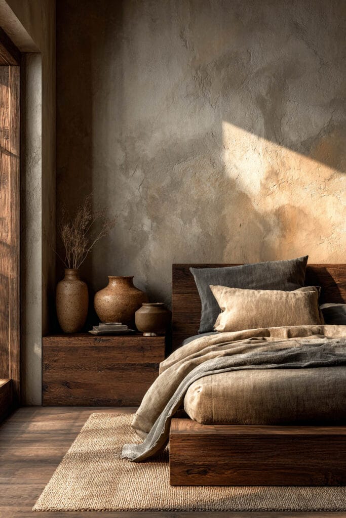 Dark Japandi bedroom with wooden platform bed, earthy linen bedding, textured plaster wall, and warm sunlight shadows