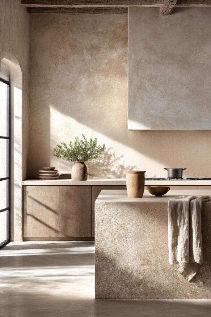 earthy neutral kitchen with textured stone island, plaster walls, warm beige tones, and minimalist organic modern kitchen design
