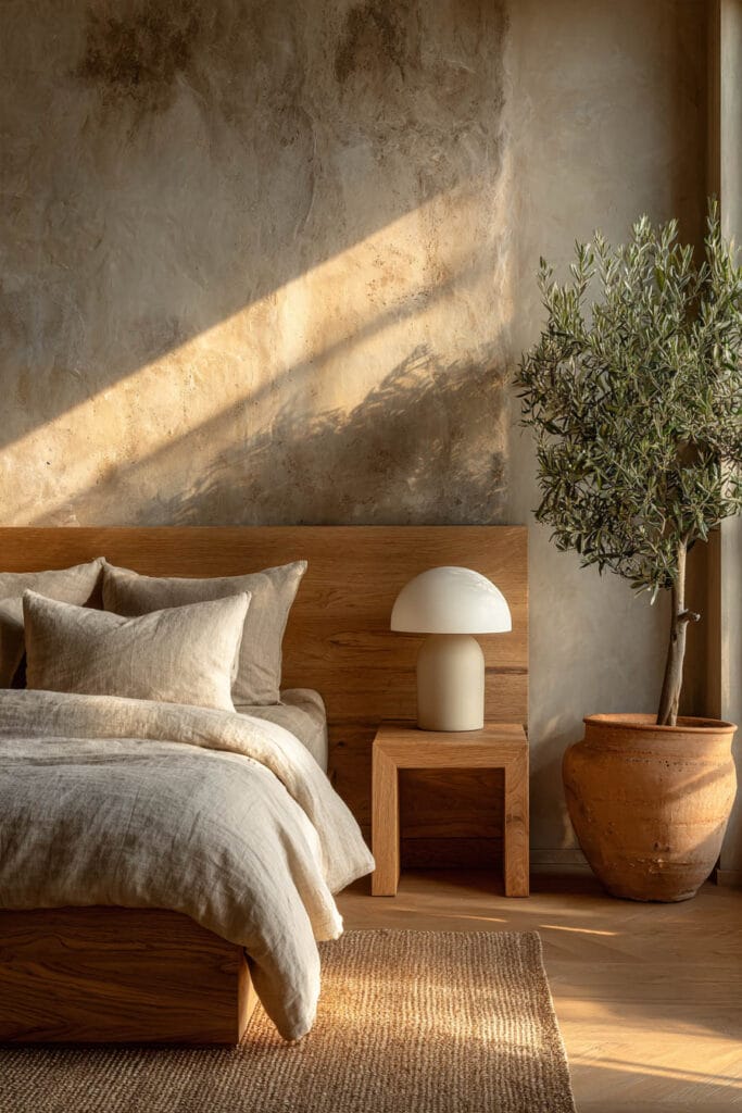 Japandi bedroom with warm neutral linen bedding, wood bed frame, olive tree in clay pot, sculptural table lamp, and sunlight on textured wall
