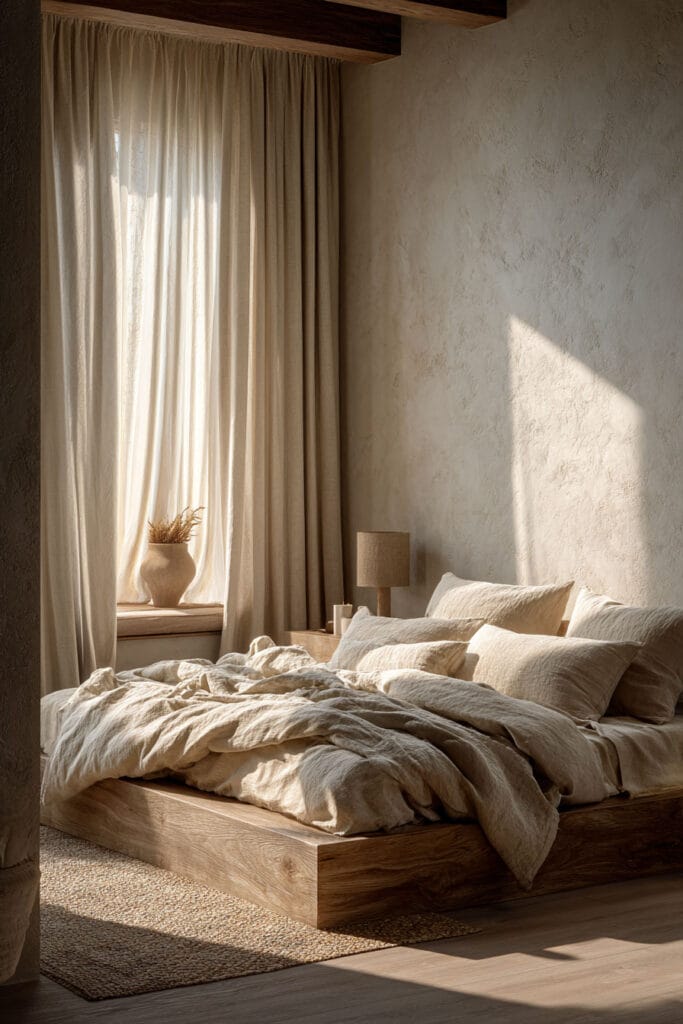 Japandi bedroom with light wood platform bed, neutral linen bedding, sheer curtains, textured plaster wall, and soft natural sunlight