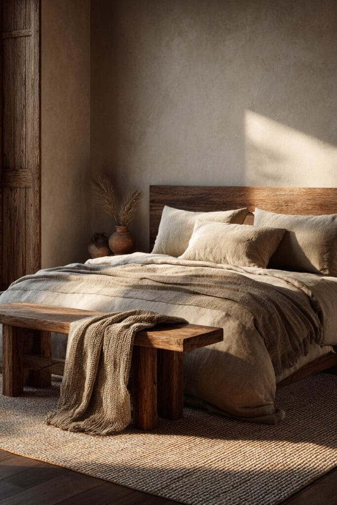 Japandi bedroom with low wood bed, neutral linen bedding, wooden bench, textured wall, and warm natural light