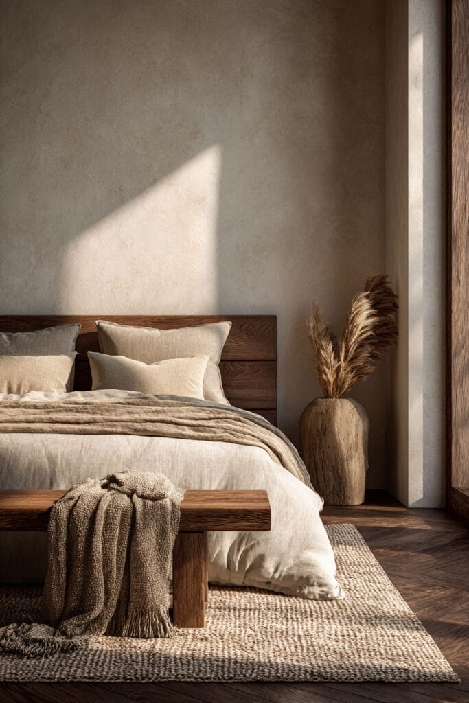 Japandi bedroom with wood platform bed, neutral linen bedding, wooden bench, woven rug, and warm natural sunlight with earthy decor