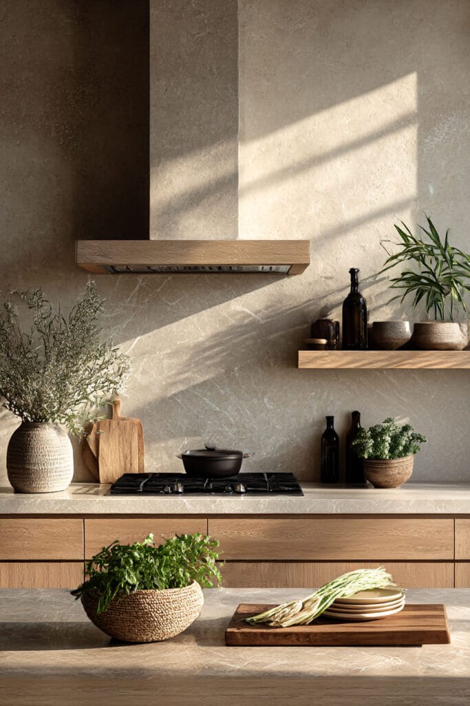 Kitchen with limewash plaster walls, warm wood cabinets, stone countertops, and open shelving in a cozy organic modern kitchen