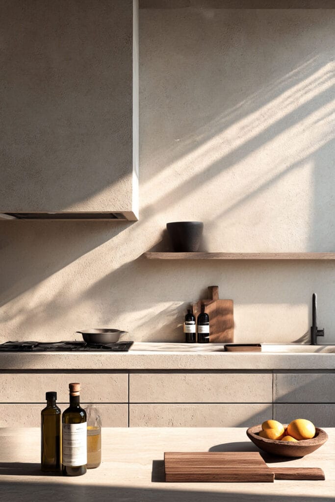 limewash wall kitchen with neutral cabinets, minimalist styling, and organic modern design with soft natural light