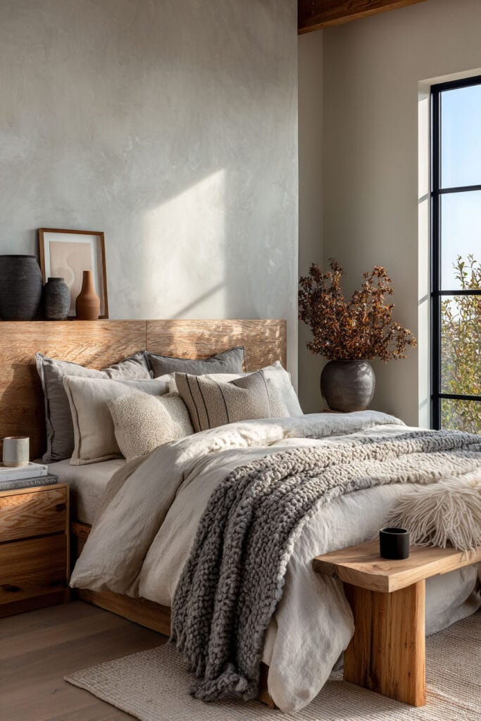 Organic modern bedroom with wood headboard, layered neutral bedding, plaster wall, and natural decor creating a warm earthy interior.