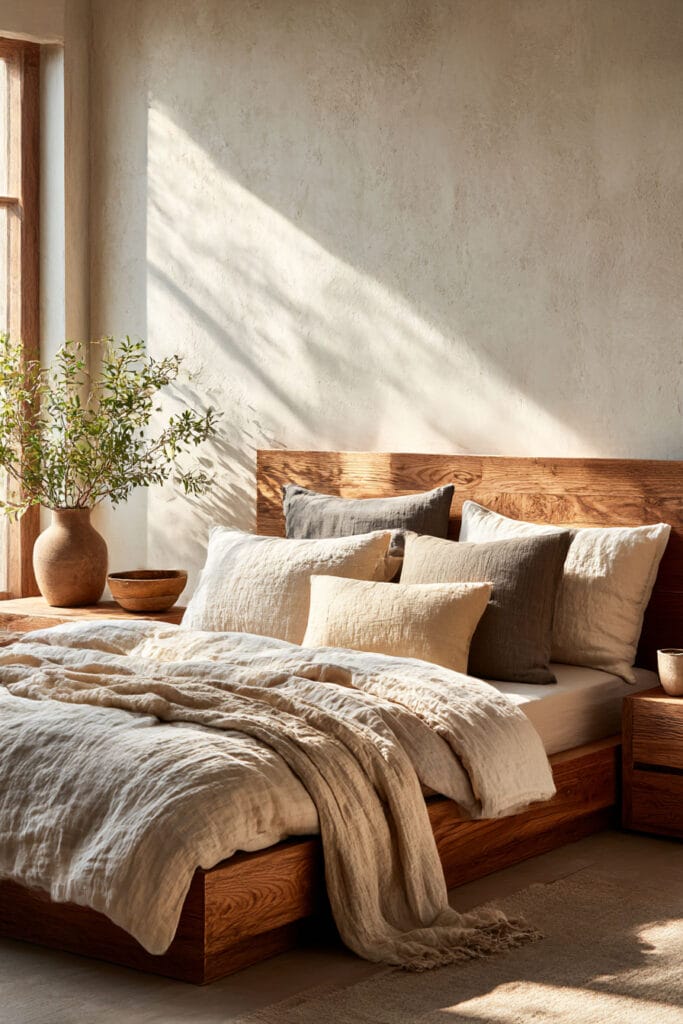 Organic modern bedroom with natural wood bed frame, soft linen bedding, textured plaster wall, and warm neutral decor