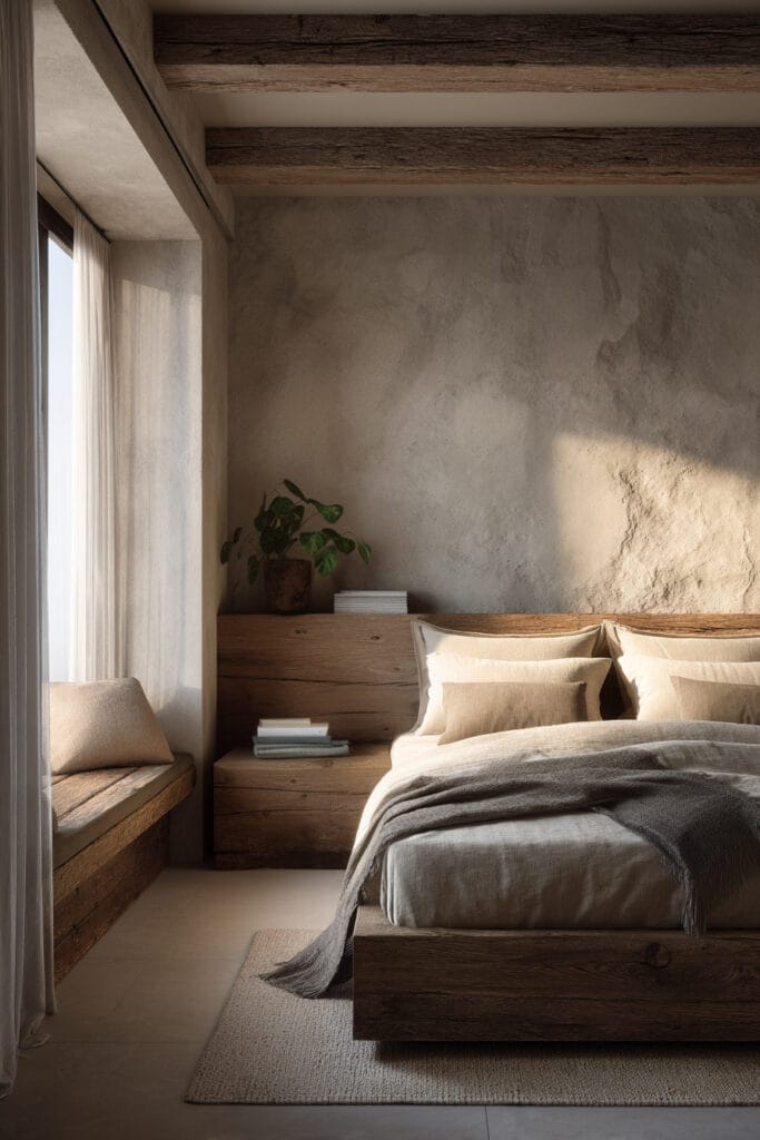 Organic modern bedroom with rustic wood bed frame, plaster walls, neutral linen bedding, and warm natural sunlight.