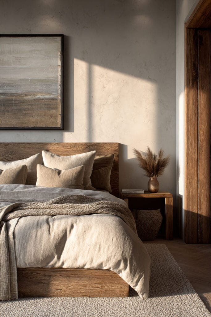 Organic modern bedroom with wood bed frame, plaster walls, linen bedding, and warm natural textures.