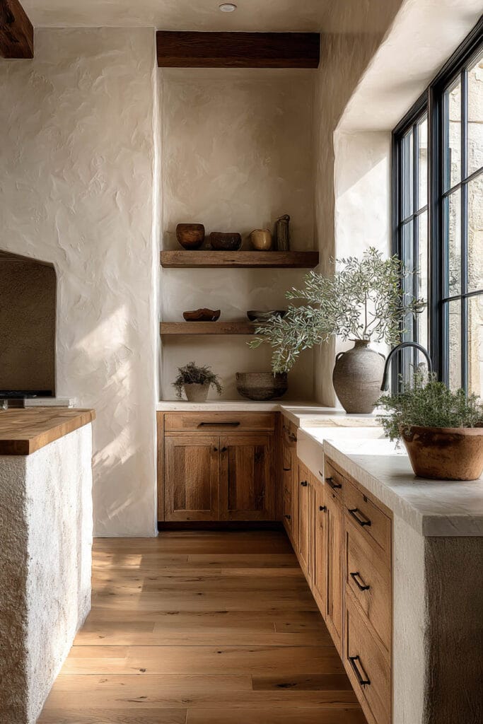 plaster kitchen walls with warm wood cabinets, open shelving, and organic modern kitchen design with textured neutral finishes