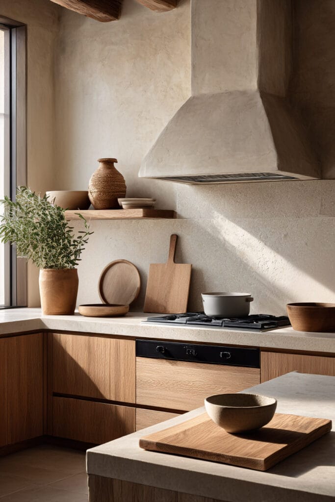 plaster wall kitchen with warm wood cabinets natural decor and stone countertops in organic modern kitchen design