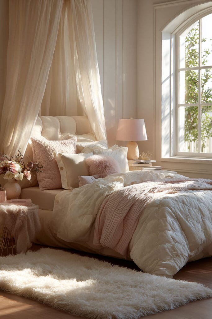 Princess-inspired little girls bedroom with canopy bed, blush and cream bedding, tufted headboard, and warm natural window light.