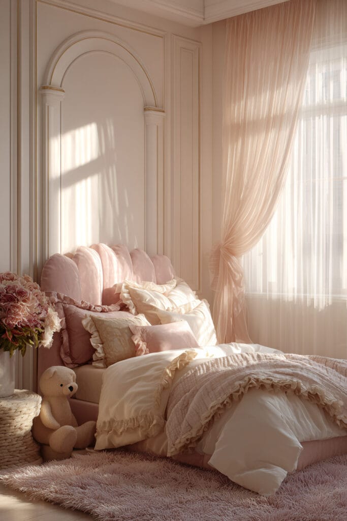 Romantic blush little girls bedroom with scalloped headboard, ruffled bedding, soft pink curtains, and plush teddy bear.
