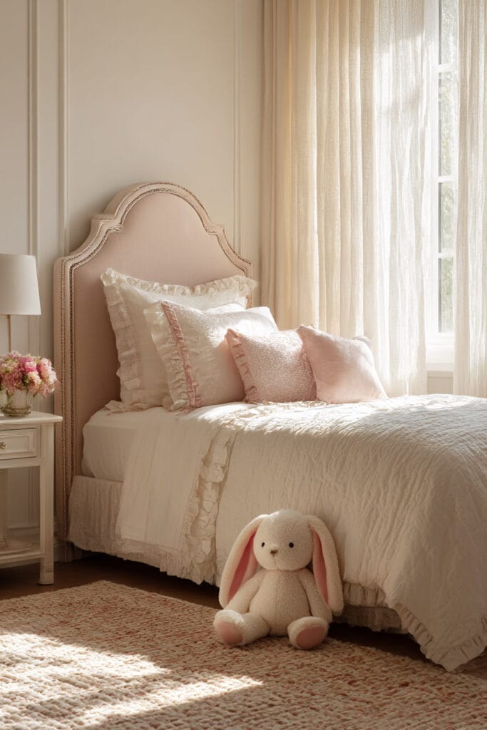 Soft princess-inspired little girl’s bedroom with blush upholstered headboard, ruffled bedding, bunny plush toy, and warm natural light through sheer curtains.