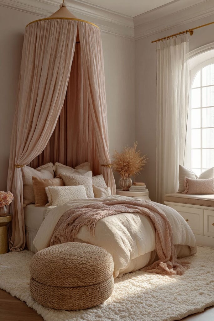 Blush princess-style little girls bedroom with canopy bed, layered neutral and pink bedding, cozy rug, and window seat.