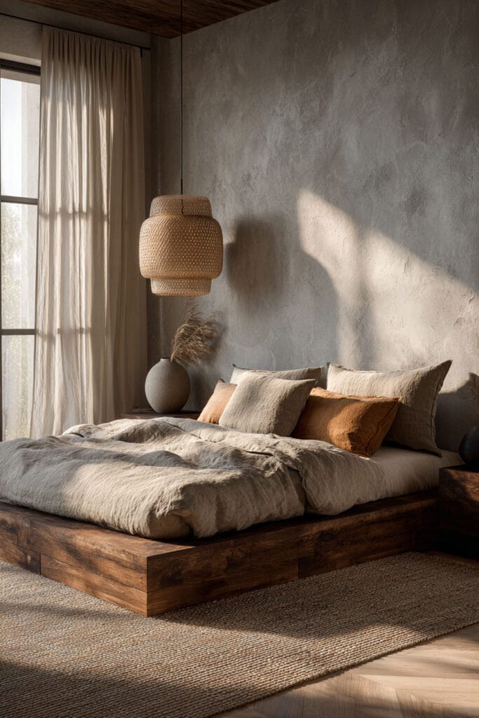 Japandi bedroom with dark wood platform bed, neutral linen bedding, rattan pendant light, textured plaster wall, and warm natural sunlight