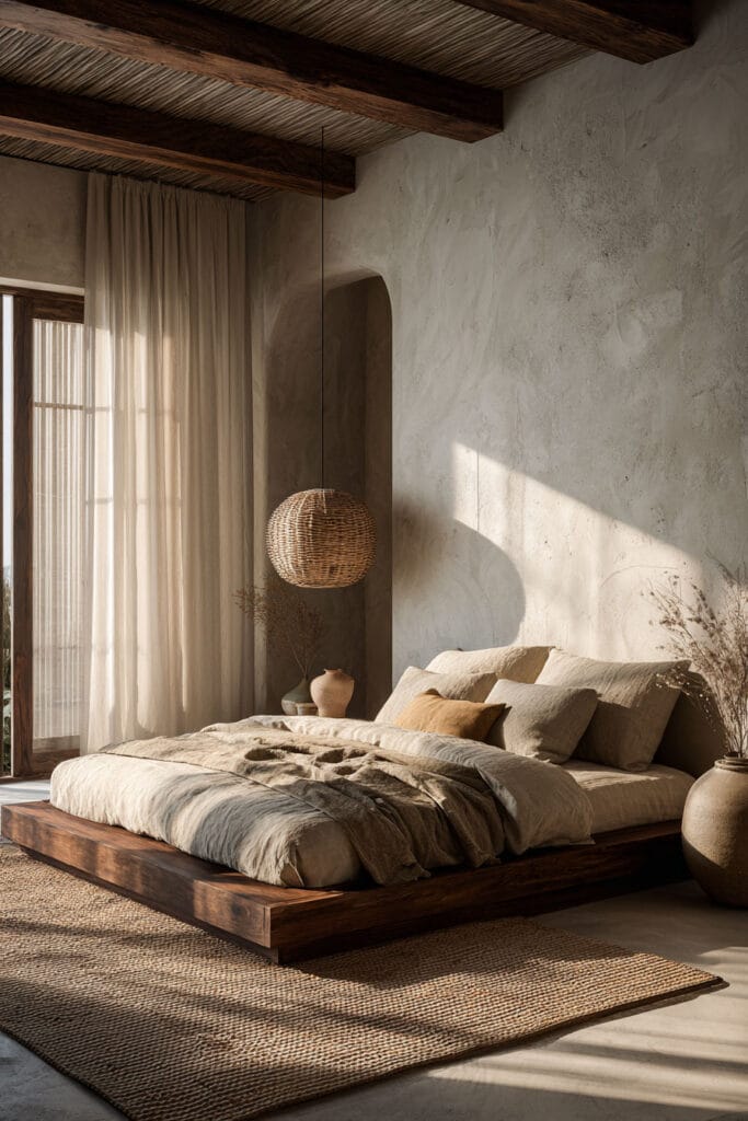 Japandi bedroom with exposed wood ceiling beams, rattan pendant light, low platform bed, neutral linen bedding, and textured plaster wall