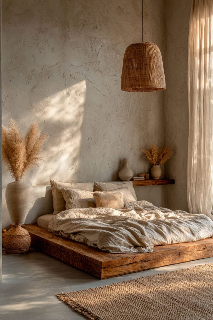 Japandi bedroom with low wood platform bed, neutral linen bedding, rattan pendant light, textured plaster wall, and warm natural sunlight