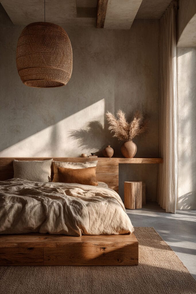 Japandi bedroom with low wood bed, warm neutral linen bedding, rattan pendant light, and soft natural sunlight