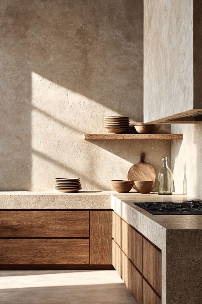 limewash kitchen walls with warm wood cabinets, stone countertops, and organic modern kitchen design with textured neutral finishes