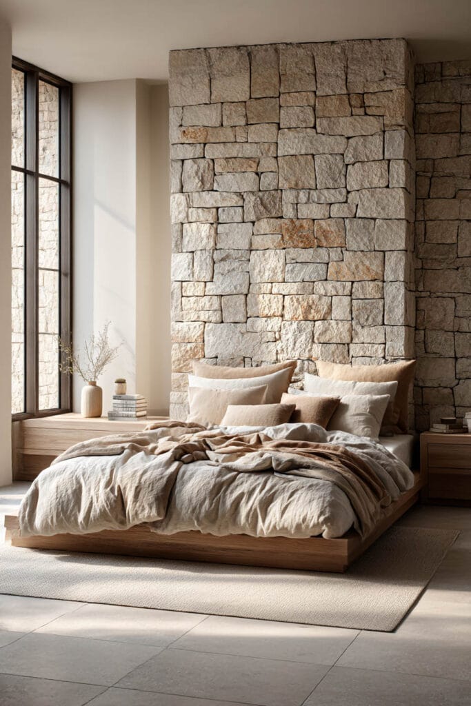 Organic modern bedroom with stone accent wall, wood platform bed, and layered neutral bedding in a natural materials interior.