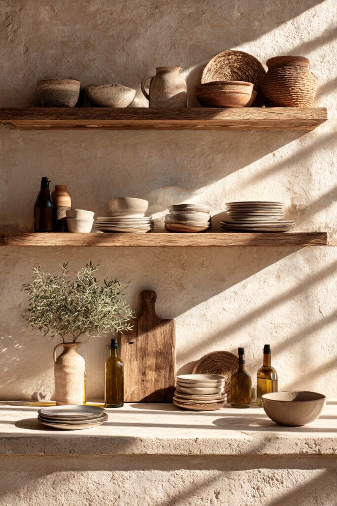 open kitchen shelving with plaster walls wood shelves and neutral ceramics in organic modern kitchen design