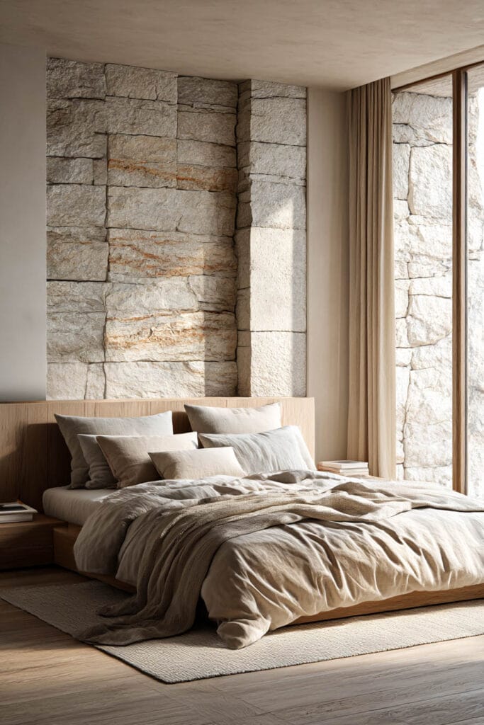 Organic modern bedroom with textured stone accent wall, wood bed frame, neutral linen bedding, and warm natural light