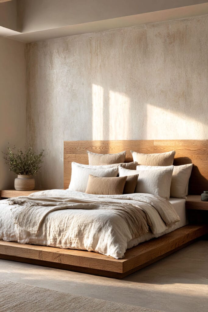 Organic modern bedroom with wood platform bed, neutral linen bedding, textured plaster wall, and warm natural sunlight.