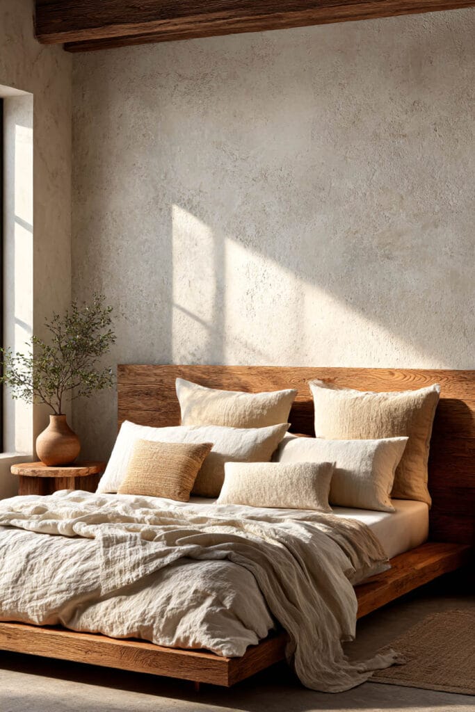 Organic modern bedroom with wood platform bed, linen bedding, textured plaster wall, and warm natural sunlight.