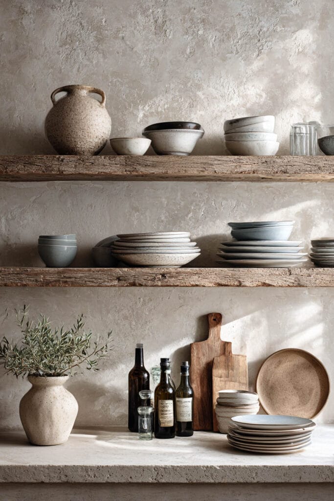 Plaster kitchen wall with rustic wood open shelving, ceramic dishes, and natural textures in an organic modern kitchen